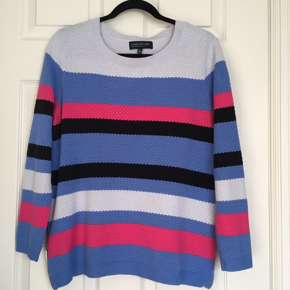 Jones New York Signature Petite Knit Blue Pink Black Striped Sweater Size PL